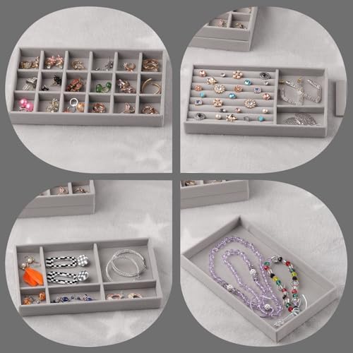 Jewelry Trays,Grey Velvet Stackable Organizer Trays,Drawer Inserts Jewelry Display Case For Rings Stud Necklaces Earring Organizer Tray for Women Girls-8 Pack - Image 5