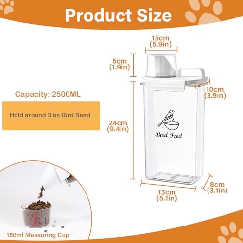 Bird Seed Storage Container Airtight | 3 Qt/2.5 L Clear Plastic Bird Food Container Portable-with Measuring Cup/Lid|Pet Food Storage Container |Wild Bird Seed Dispenser|BPA Free - Image 5