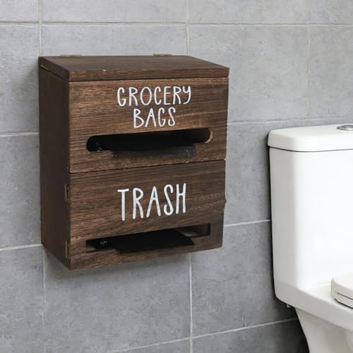 2 in 1 Trash Bag Dispenser, Double Wall Mounted,Wood Trash Bag Holder, used in kitchen, garage, laundry room, can store Environmentally friendly food bags and garbage bags(Dark Wood - Image 4