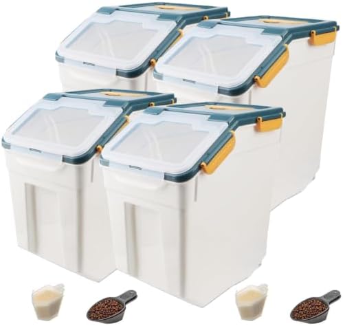 50LB Large Flour Storage Container Bin,4 Pack Airtight Plastic with Wheels Seal Locking Lid Dispenser Organizer Bin with Measuring Cup & Scoop for Flour, Rice, Grain 100LBS Total Capacity(Blue) by YXQ