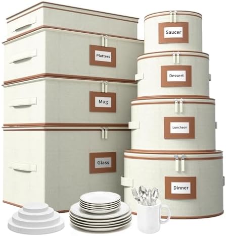 Aokeyee 8-Piece China Storage Containers Set, Hard Shell Moving Boxes for Dishes, Plates, Mugs, Wine Glass & Flatware – Dinnerware Organizer with Soft Felt Dividers, Sturdy Handles & Zippers, Ivory by Aokeyee