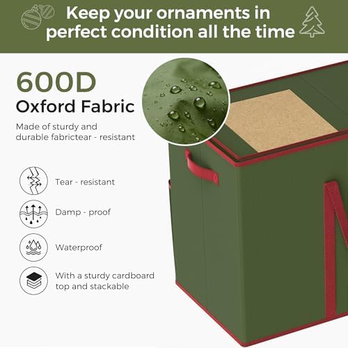 Large Christmas Ornament Storage Box, Dual Zippers, Stackable Christmas Storage Container with Lid, 6 Trays, 600D Oxford, Fits 54-4”, Green - Image 4