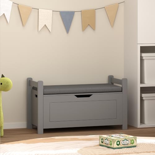 Storage Chest, Storage Bench with Cushion Seat, Toy Chest, Wooden Toy Box with 2 Safety Hinges, Shoe Bench, for Entryway, Living Room, Bedroom, Gray by Unknown
