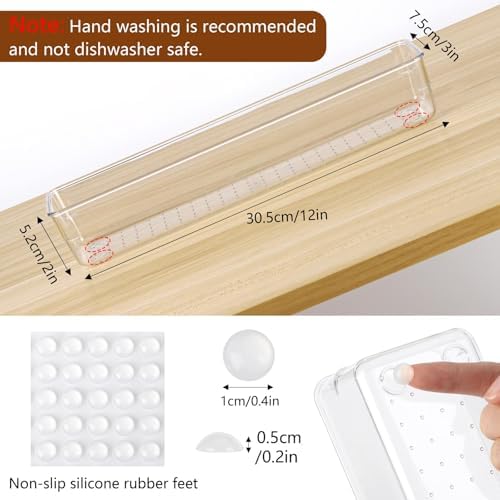 6 Pcs Large Clear Plastic Drawer Organizers Tray 12"x3" Storage Bins with 25 Pcs Non-Slip Pads for Makeup, Jewelries, Kitchen Utensils, Bathroom and Office - Image 3