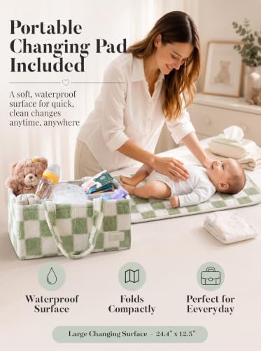 Baby Diaper Caddy Organizer with Waterproof Changing Pad, Checkered Green - Image 4