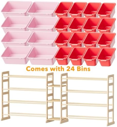 SpaceAid Large Toy Storage Organizer with 24 Bins and 3 Shelves, Toy Organizers Storage Bookshelf, Kids Bin Shelf Box Bookcase for Bedroom Playroom Organization Room Decor, Red and Pink - Image 7