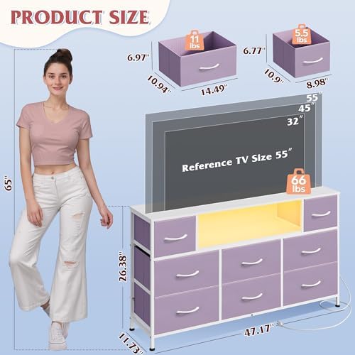WLIVE LED Dresser TV Stand for 55 Inch TV, 8 Fabric Drawers, Purple Dresser - Image 2