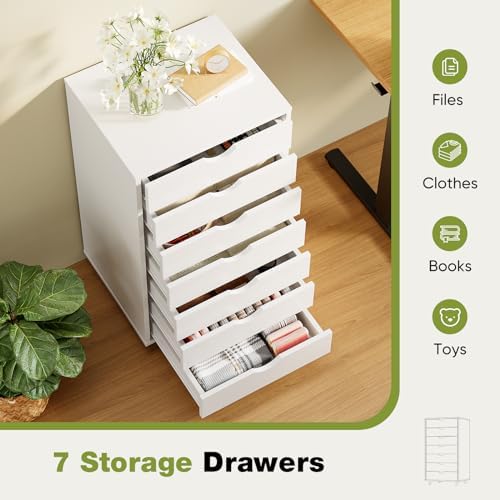 Sweetcrispy 7 Drawer Rolling Storage Cabinet, Wood Under Desk Mobile Dresser with Wheels, Small Organizer Chest for Home Office, Bedroom, Living Room, Compact Vertical Storage Furniture Unit, White - Image 5