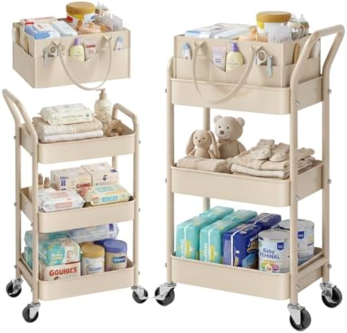 3 Tier Baby Diaper Caddy Organizer Cart with Detachable Dividers and Wheels by Recximi