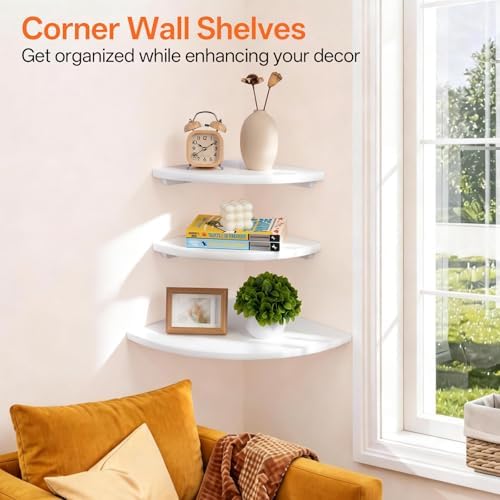 Gieanoo White Corner Wall Shelf 12inch Solid Oak Wood Floating Corner Shelf with Wire Hole Corner Wall Storage Display Shelves for Living Room Bedroom Bathroom Kitchen - Image 2