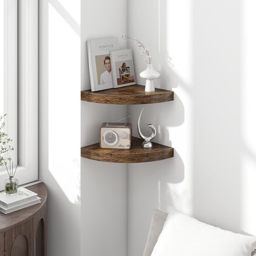 Fun Memories Floating Corner Shelves Set of 2 - Rustic Wood Wall Mounted Storage and Display Shelves for Living Room, Bedroom, Kitchen, Bathroom - Space Saving Home Decor, Brown - Image 2
