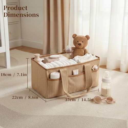 Baby Diaper Caddy Organizer with Portable Changing Mat-Portable Baby Organizers and Storage, Gift for Baby Shower, Corduroy Baby Essentials Organizer with Removable Dividers (Brown) - Image 2
