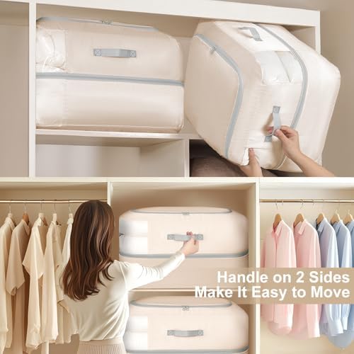 Comforter Storage Bag - 110L Large Capacity Blanket Storage Bags 2-Layer Ultra Space Saving Self Compression Organizer, Washable Compression Bags for Storage Comforter Blanket, 1-Pack, Beige - Image 5