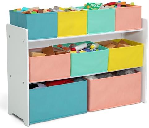 Delta Children Deluxe Multi-Bin Toy Organizer with Storage Bins - Greenguard Gold Certified, White with Blue/Orange/Pastel Bins - Image 3
