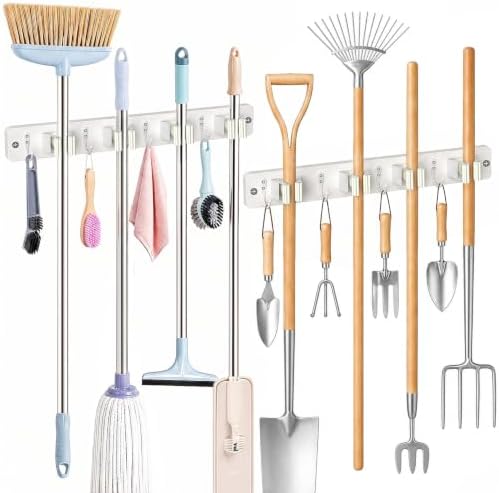 Broom Holder Wall Mounted, 2 Pack White 4 Holders and 4 Hooks Mop Holder, Wooden Mop and Broom Holder with Anti slip rubber, Natural pine wood Brush Holder, Mop Wall Holder with Nail installation by AceMining
