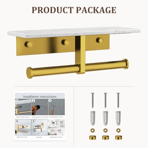 BWE Toilet Paper Holder with Marble Shelf, Toilet Paper Roll Holder Wall Mounted, Toilet Paper Roll Holder with Phone Shelf 304 Stainless Steel Tissue Holder for Bathroom Washroom (Double Gold) - Image 6