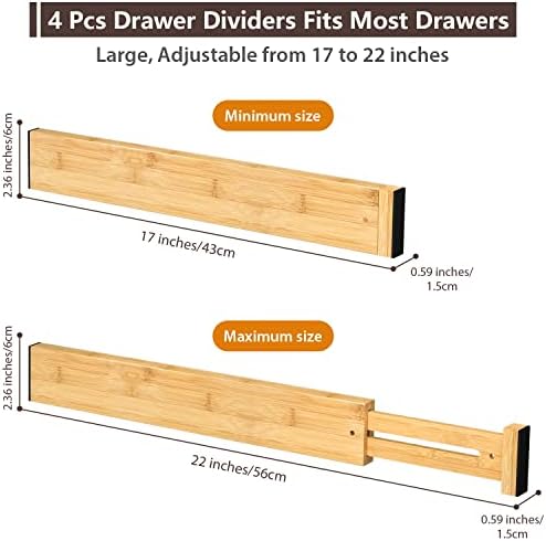 4 Pack Bamboo Drawer Dividers 17-22" Adjustable Kitchen Organizer, Natural - Image 2