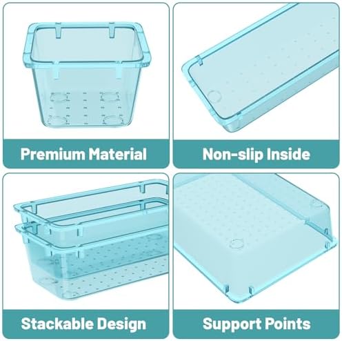 WOWBOX 16 PCS Plastic Drawer Organizer Set, 4 Sizes Desk Drawer Organization and Storage Containers for Makeup, Cosmetics, Jewelry and Gadgets in Kitchen, Bathroom, Bedroom, Office, Clear Sea Blue - Image 2