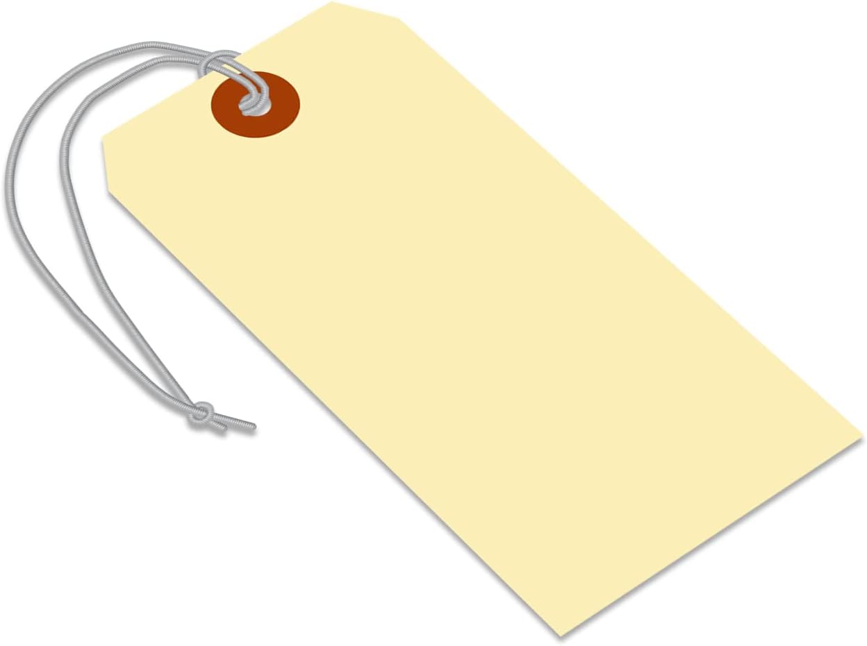 SmartSign Blank Manila Shipping Tags with Elastic Strings - Pack of 100, Size-6, 13pt Thick Pre-Strung Cardstock Tag, 5.25 x 2.625 inch, Paper Hang Tags with Reinforced Fiber Patch