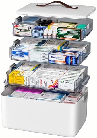 JOYBOS 4-Tier Medicine Organizer Storage Box with Lid and Leather Handle, Portable Latch Bin for Pill Bottle, First Aid, Sewing, Art, Craft by JOYBOS