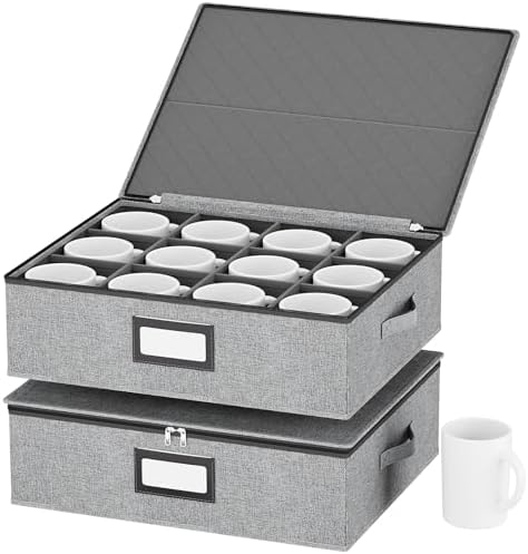 homyfort Mug Storage Box with Dividers, China Coffee Mug Storage Containers Holder Organizer Hard Shell, Service for 24 Coffee Mugs or Tea Cups (Grey) by homyfort
