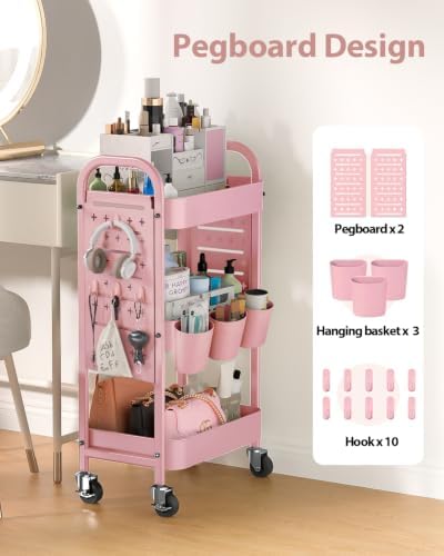 ALVOROG 3 Tier Metal Rolling Utility Cart with Pegboards,Baskets,Hooks,Pink - Image 2