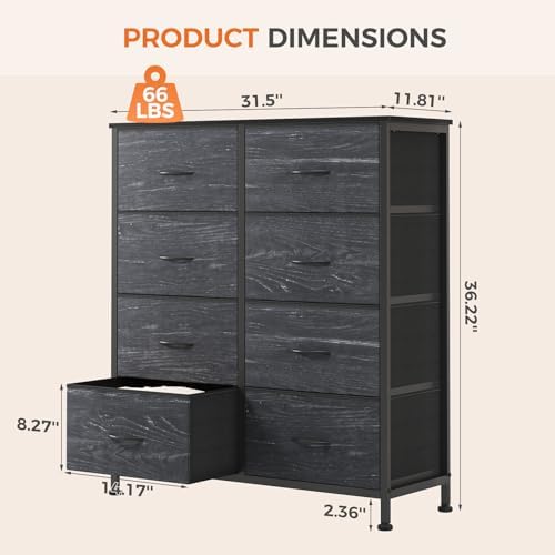 Sweetcrispy 8 Drawer Fabric Dresser for Bedroom, Tall Dresser, Black Wood - Image 3