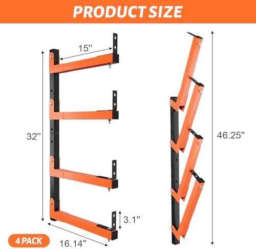 32" Lumber Storage Rack, Upgrade Folding Lumber Rack Wall Mount, Heavy Duty Adjustable Metal 8 Level Wood Storage Rack for Garage Storage Organization, 4 Packs - Image 2