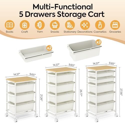 KINGBOARD Slim Rolling Cart with 5 Drawers, Metal Utility Storage Cart - Image 2