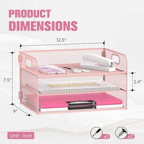DALTACK 3 Tier Paper Organizer for Desk, Sliding Paper Trays, Pink - Image 3