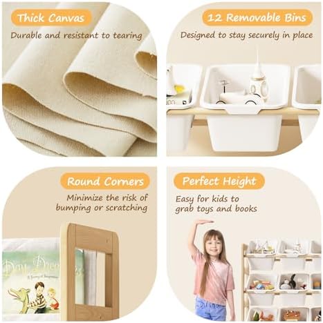 EXPERLAM Toy Storage Organizer with Bookshelf, Kids Toy Organizer and Storage Shelf with 12 White Bins, Solid Pine Wood Book Rack for Playroom, Nursery, Kids Room, Toys and Books - Image 5