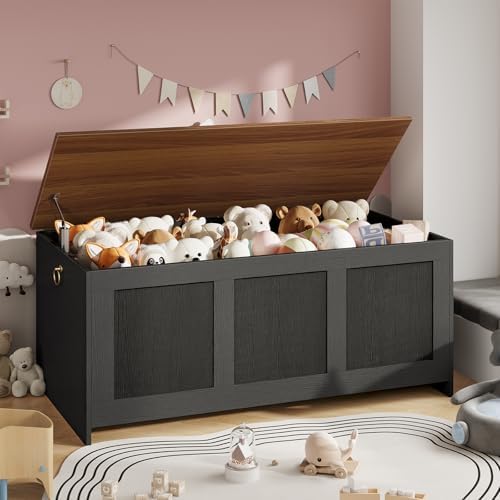 HOOBRO Storage Bench, 43.3" Retro Wooden Storage Chest, Wooden Storage Trunk, Toy Chest with Lift Top, Multifunctional Entryway Organizer, for Entryway, Living Room, Black and Walnut BH411CW01G1 - Image 4