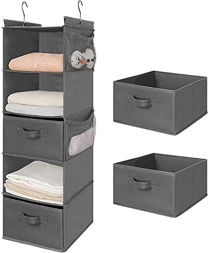 MAX Houser 5 Tier Shelf Hanging Closet Organizer, Cloth Hanging Shelf with 2 Sturdy Hooks for Storage, Foldable (Grey-D2) by MAXHouser