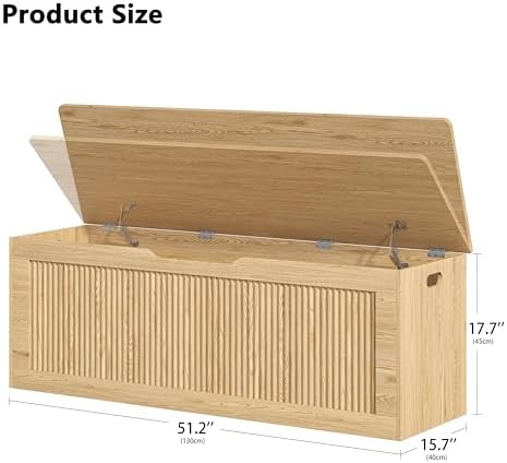 Akxomel 51.2" Fluted Storage Chest Wooden Storage Trunk 2 Safety Hinges Oak - Image 2