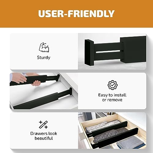 4-Pack Bamboo Drawer Dividers - 12.2 to 17.3 Inches Deep, 2.6 Inches High, Adjustable Expandable Drawer Organizer Dresser Separator for Clothes, Utensils, Kitchen, Bathroom, Office Storage, Black - Image 4