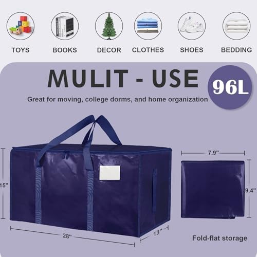 8 Pack-Extra Large Heavy Duty Moving Bags - Waterproof Storage Totes with Handles & Zippers, Foldable for College Dorm, Storage (Dark Blue) - Image 2