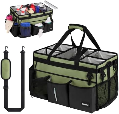Large Cleaning Caddy Bag with Built-In Support Board, Cleaning Tote Organizer with Removable Divider, Supply Carryall with Adjustable Shoulder Strap and Waist Belt for Cleaners & Housekeeper by TWINDLE