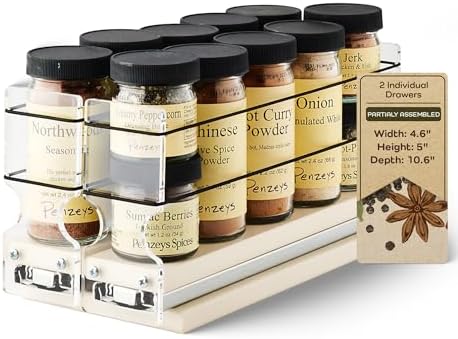 Vertical Spice - Narrow Pullout Spice Rack - Sliding Drawer for Kitchen Organization - Pantry Organizers and Storage - 2 Drawers - 10 Spice Jar Capacity (4.6" W x 5.0" H x 10.6" D, Cream) by VerticalSpice