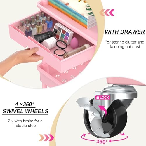 Goovilla 4 Tier Rolling Utility Cart Organizer with Removable Drawer, Pink - Image 2