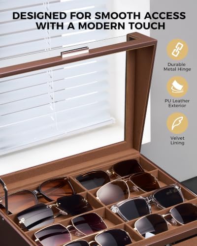 ProCase 16 Slots Sunglasses Box Organizer with L-Shaped Clear Lid -Espresso - Image 5