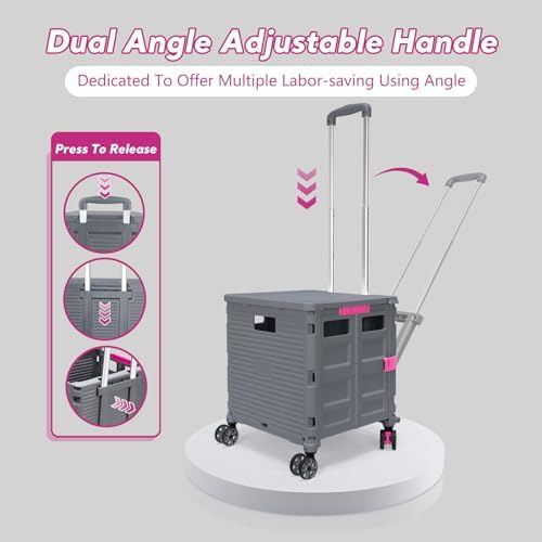 Foldable Utility Cart Rolling Crate Handcart Shopping Cart with Rotate Wheels Extended Magnetic Lid Telescoping Handle Adjustable Angle for Transports Groceries Office Teacher File(Gray) - Image 3