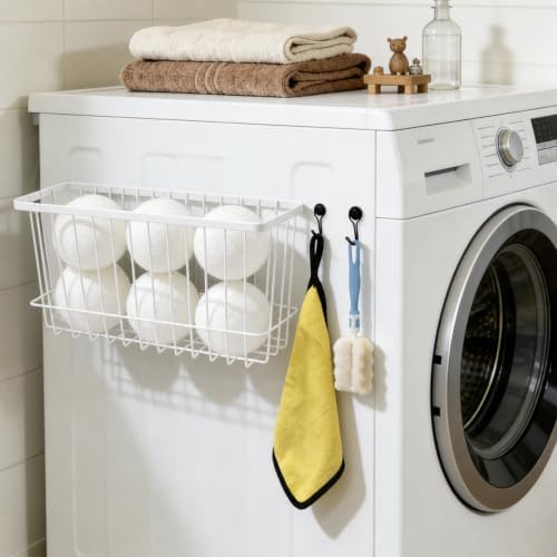 Magnetic Holder for Wool Dryer Balls & Lint Bin (2-Pack, White) – Extra Long 14.2" & 10.4" Metal Laundry Trash Can – Washer Side Organizer with 4 Magnetic Hooks (Balls Not Included) - Image 2