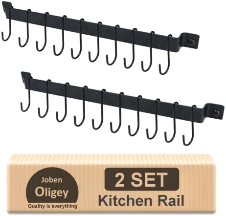 Joben Oligey Utensil Holder, Kitchen Rail With 10 Hooks, Pots and Pans Organizer Hanger, Wall Mounted Wrought Iron Hanging Black 17 Inch for Coffee Mug Rack Cup Hanging, Set of 2 by JobenOligey