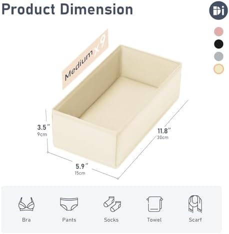 DIMJ Drawer Organizer Clothes - Underwear Organizer Small Sock Organizer Closet Organizers and Storage Box Dresser Drawer Dividers for Baby Clothes, Bra, Socks, Belt, Tie, Set of 9, Beige - Image 5