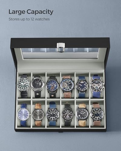 SONGMICS Watch Box, 12-Slot Watch Case Organizer with Large Glass Lid, Removable Pillows, Gift for Loved Ones, Black Synthetic Leather, Gray Lining UJWB12BK - Image 5