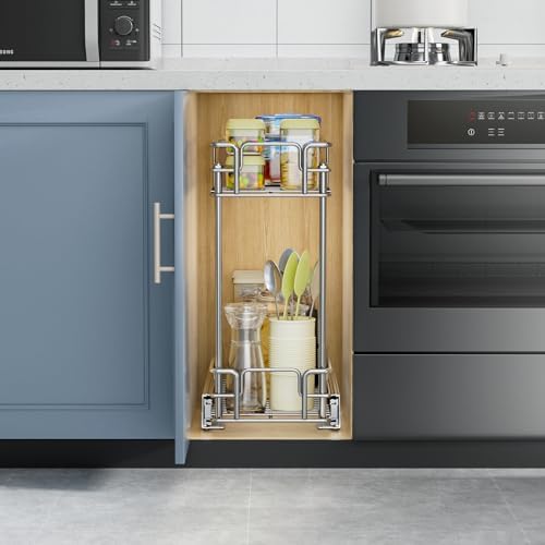 ROOMTEC Pull Out Spice Rack for Narrow Cabinet (5½" W X 21" D),2 Tier Slide Out Cabinet Organizer and Pull Out Shelves Under Cabinet Storage for Kitchen, Chrome - Image 3