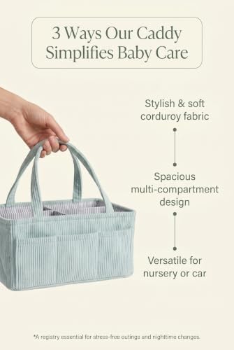 Diaper Caddy Organizer, Premium Mint Corduroy Nursery Storage Basket with Removable Dividers & Handles, Portable Organizer for Diapers, Essentials, Baby Registry & Shower Gift - Image 4