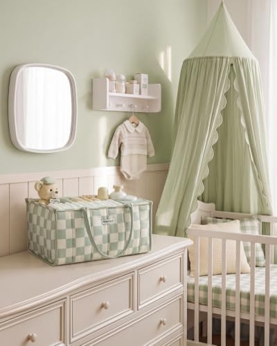 Blissful Diary Gingham Diaper Caddy Organizer, Nursery Storage, Light Green - Image 2