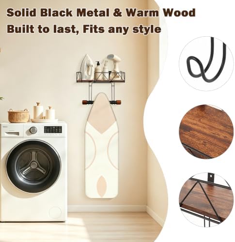 Ironing Board Hanger Wall Mounted, Metal Ironing Board Holder with Wood Shelf, Ironing Board Storage Rack with Hook for Laundry Room, Living Room, Bathroom (Matte Black) - Image 4
