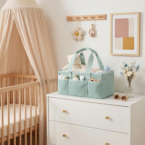 Baby Diaper Caddy Organizer with Portable Changing Mat-Portable Baby Organizers and Storage, Gift for Baby Shower, Corduroy Baby Essentials Organizer with Removable Dividers (Green) - Image 4